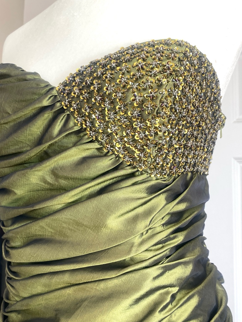 Strapless Olive Ruched Ruffle High-Low Dress - Picture 5 of 14